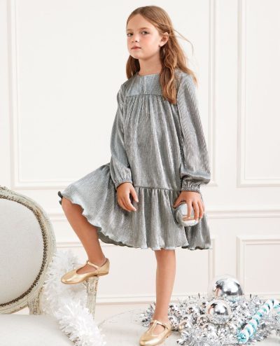 Long Sleeve Metallic Tiered Dress