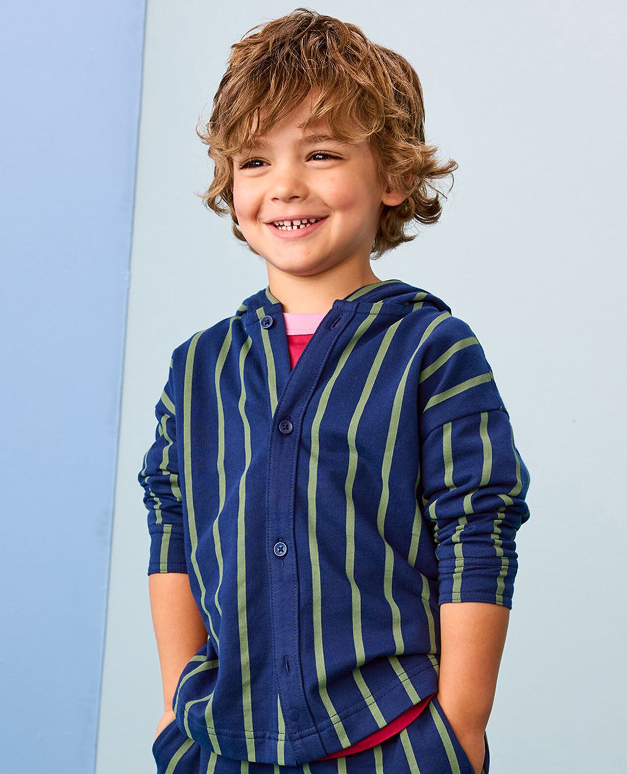 French Terry Hooded Striped Button Up Shirt