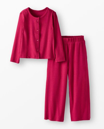 Heart Button Cardigan & Wide Leg Pants Set